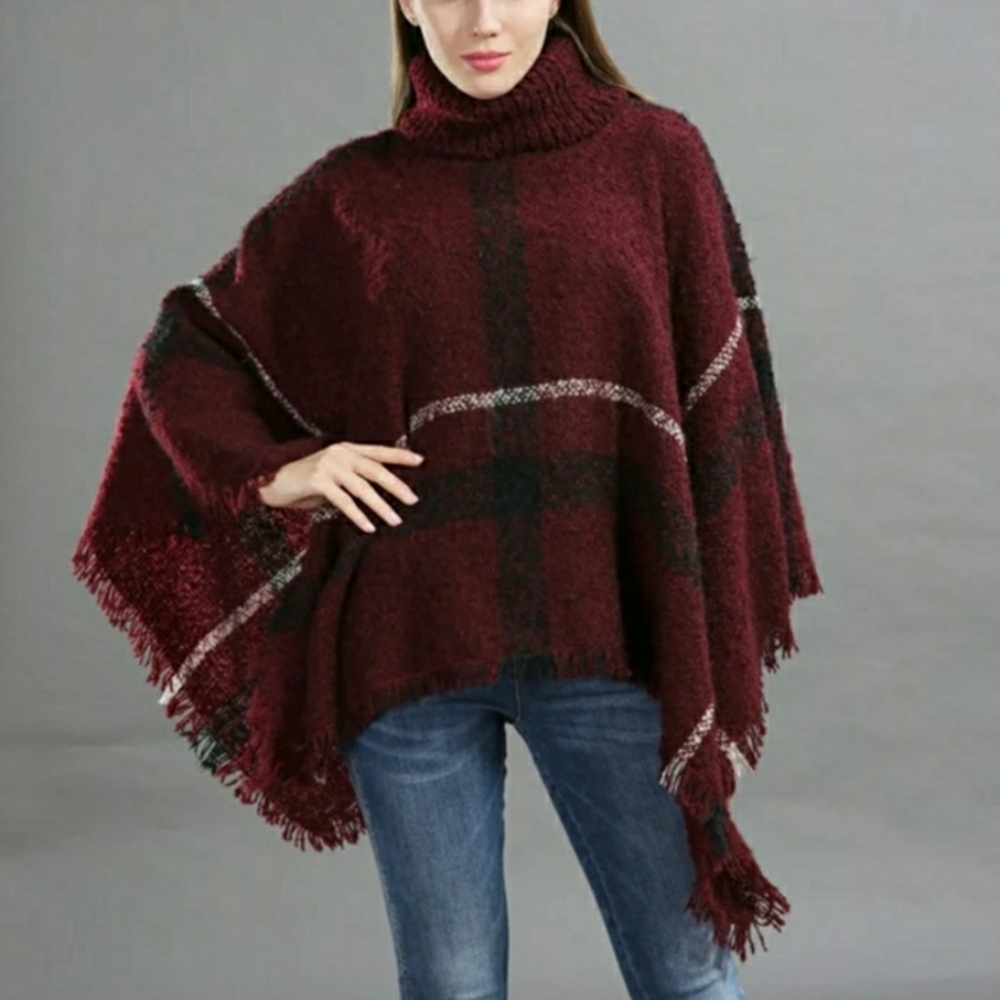 COZY PLAID PONCHO W/ TURTLENECK - Picture 11 of 16